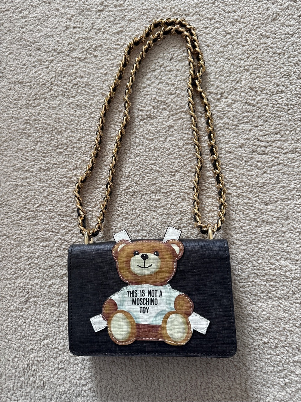 Black Shoulder Bag with Teddy and Gold Chain